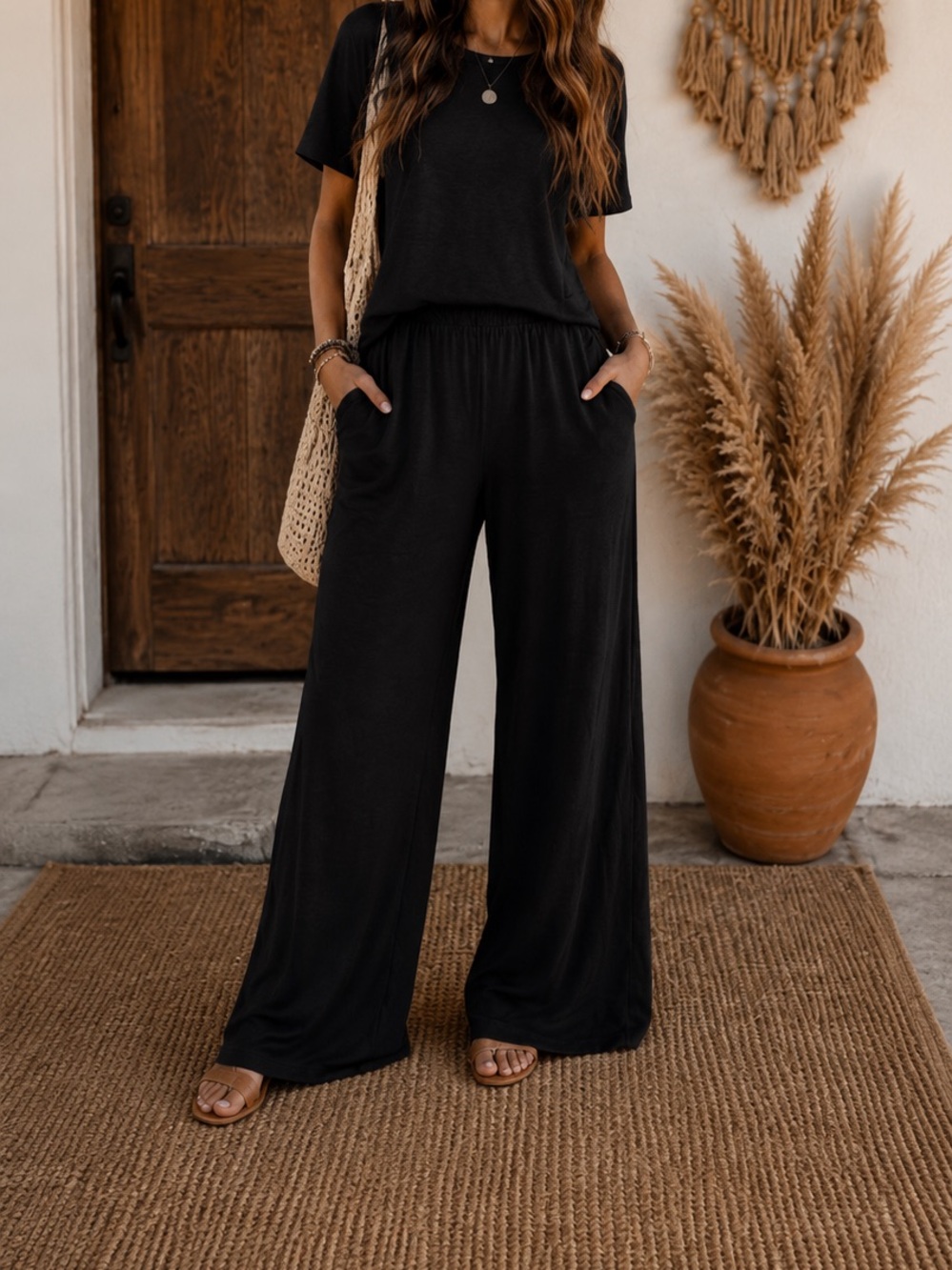 Zenana Black Wide-Leg Lounge Set
